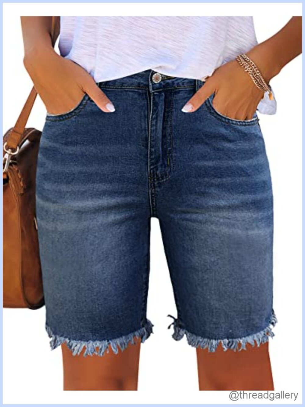 Women's Frayed Ripped Bermuda Denim Shorts High Rise Stretchy Jean Shorts Knee